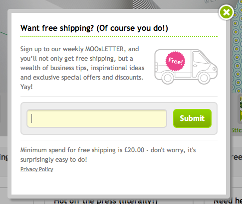 Moo.com showing free shipping offer in a lightbox popup if you sign up for their email newsletter. 