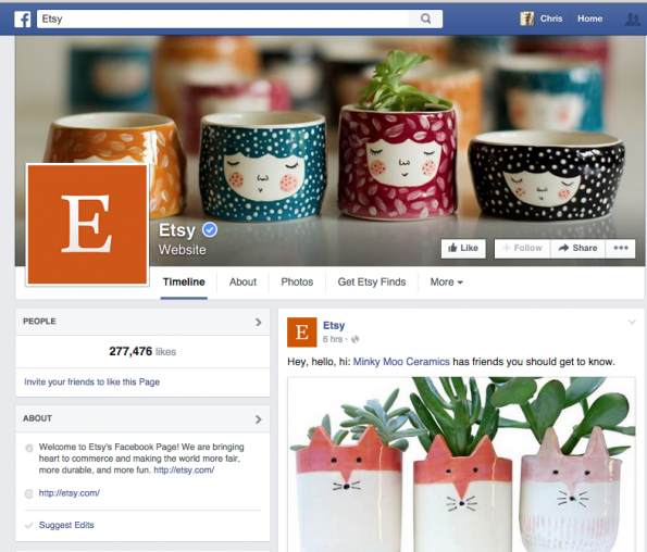 Etsy's Facebook page shows a quick background of the brand, the latest news about the site, and other relevant news.