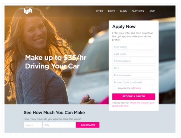 Lyft's landing page spells out what it wants users to do next once they get on their site. 