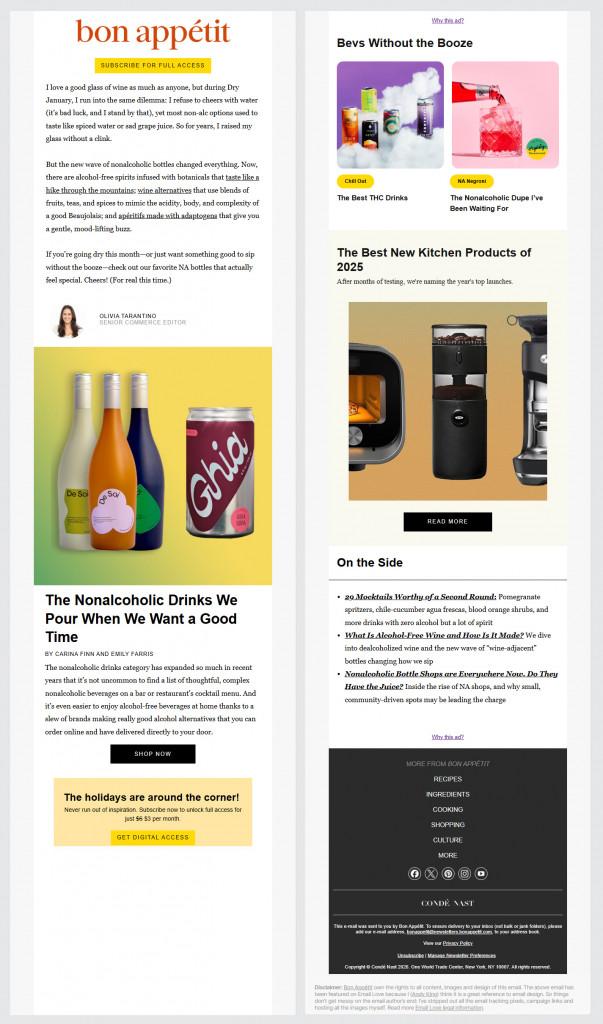Bon Appétit email newsletter example showing non-alcoholic drink recommendations and product highlights