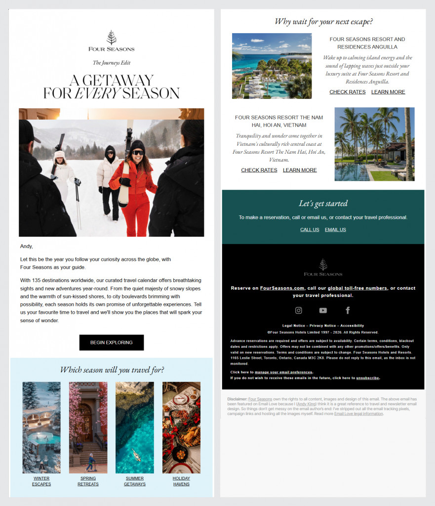 Four Seasons travel email newsletter example showing personalized getaway recommendations, destinations, and booking CTAs