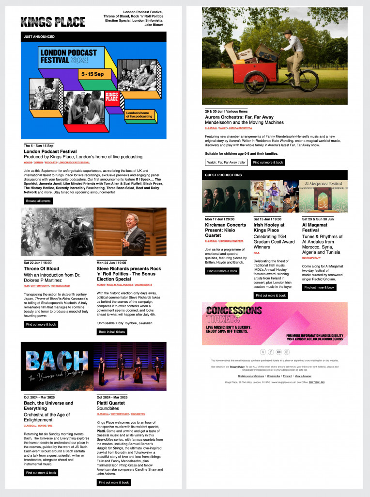 Kings Place events email newsletter example showcasing upcoming concerts, festivals, and cultural programs