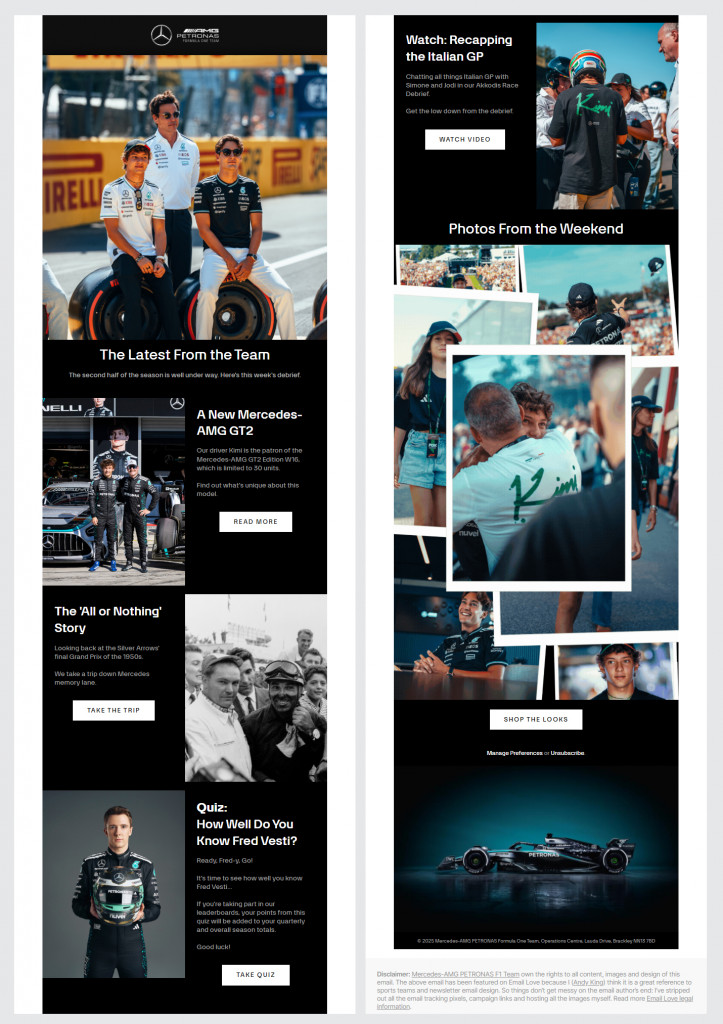 Mercedes AMG Petronas F1 email newsletter example showing race updates, team content, and merchandise promotion
