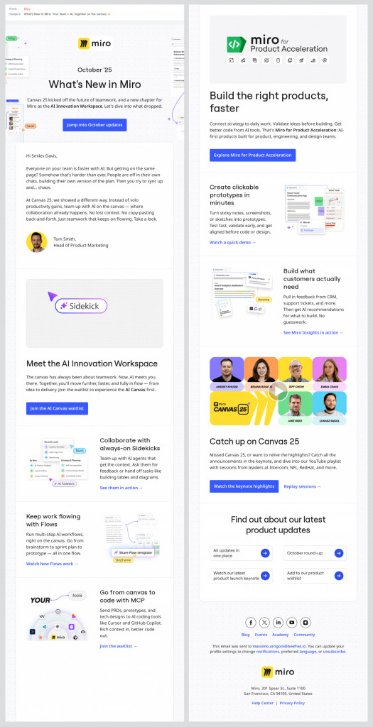 Miro product update email newsletter example showing AI collaboration features, demos, and product announcements