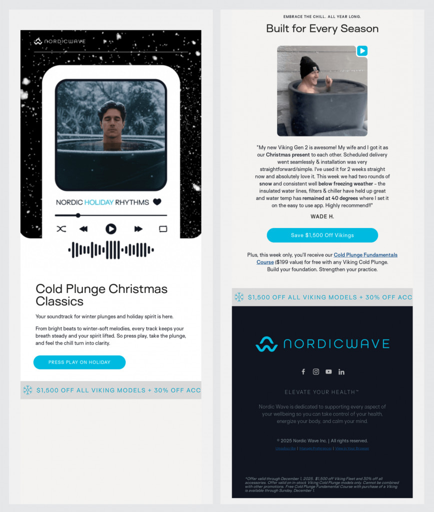 NordicWave promotional email newsletter example showing cold plunge products, holiday offers, and discount CTA