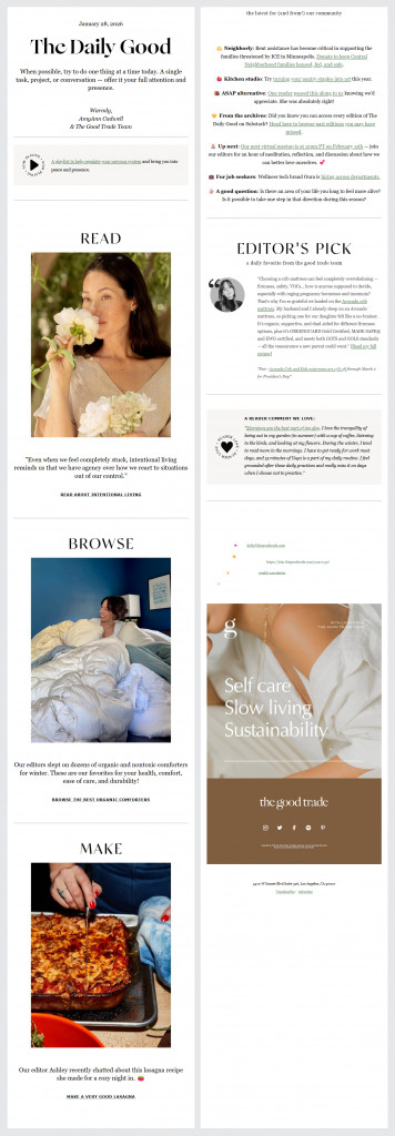 The Good Trade lifestyle email newsletter example showing self-care content, editorial picks, and mindful living themes
