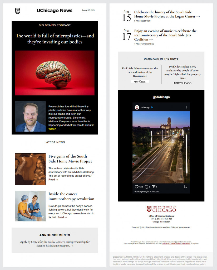 UChicago News email newsletter example showing research highlights, campus updates, and editorial news content