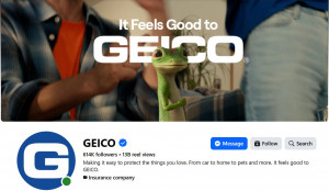 The GEICO Gecko standing in a candid living room scene with the line "It Feels Good to GEICO" .