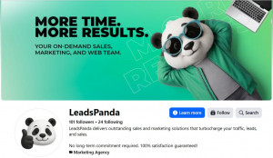: Panda in sunglasses and a track jacket leaning against a green background with the line "More Time. More Results" .