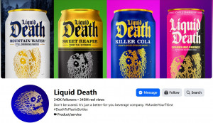 Four cans of Liquid Death shown against four neon backgrounds.