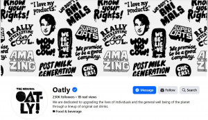 Black-and-white Oatly slogans tiled edge to edge with a sketchy cartoon face.